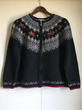 Northern Reflections Vintage Cotton Cardinal Fair isle Zip Up Knit Sweater L